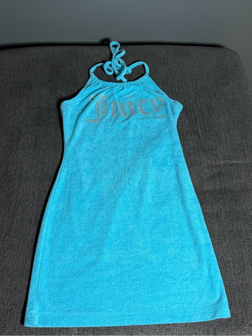 Juicy Couture Turquoise Rhinestone Logo Halter Mini Dress